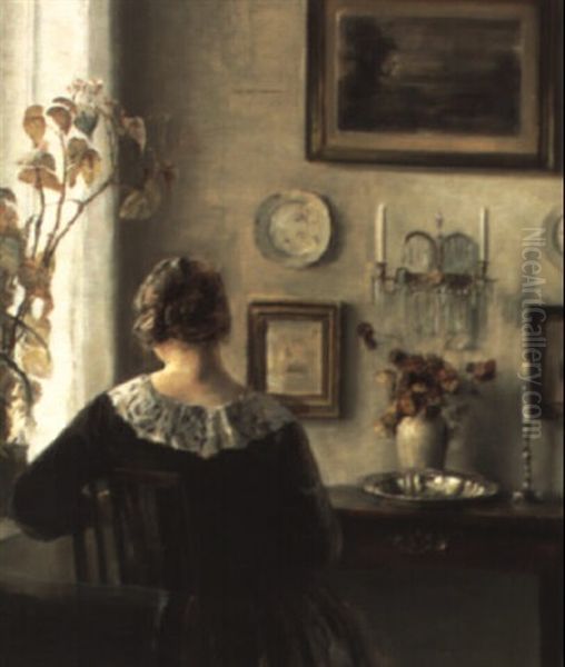 Interior Med Kvinde Siddende Ved Et Bord by Carl Vilhelm Holsoe