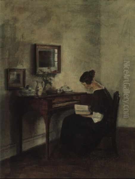 Interior Med Ung Laesende Kvinde Ved Klaveret Oil Painting by Carl Vilhelm Holsoe