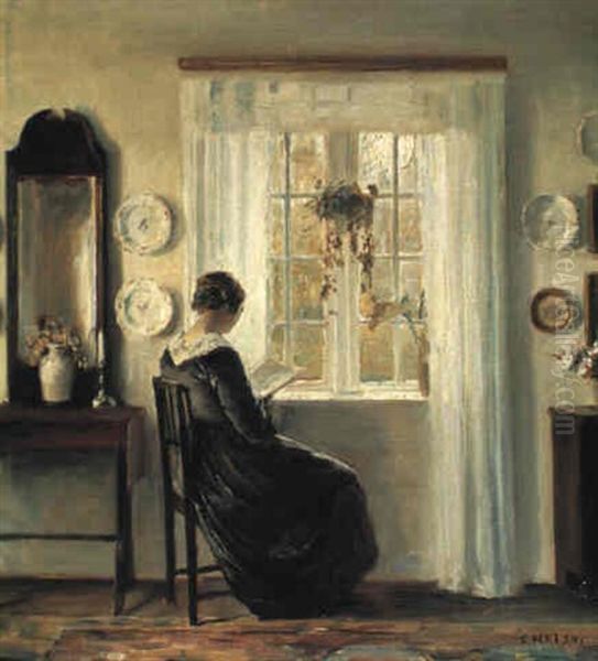 Interior Med Laesende Dame Ved Vinduet Oil Painting by Carl Vilhelm Holsoe