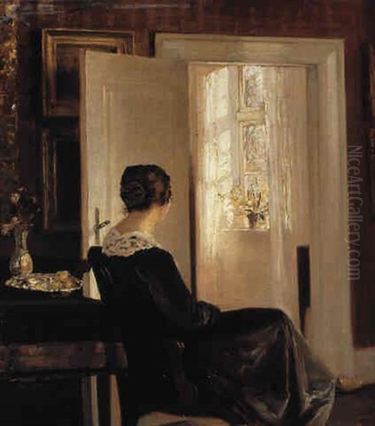 Interior Med Kunstnerens Hustru Ved Vinuet Oil Painting by Carl Vilhelm Holsoe