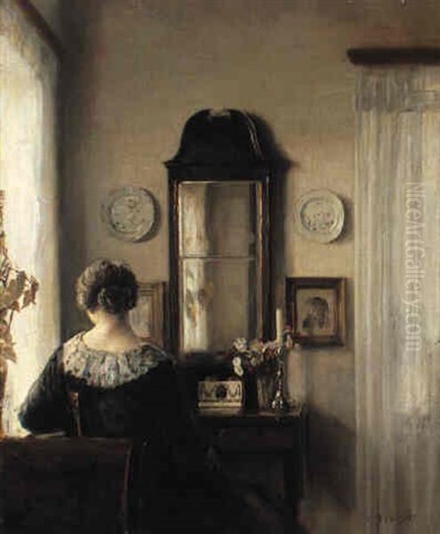 Interior With A Seated Woman By A Window Oil Painting by Carl Vilhelm Holsoe