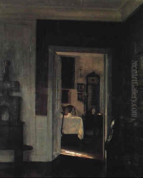 Interior Fra En Stue Med Kakkelovn Og Musikinstrumenter Oil Painting by Carl Vilhelm Holsoe