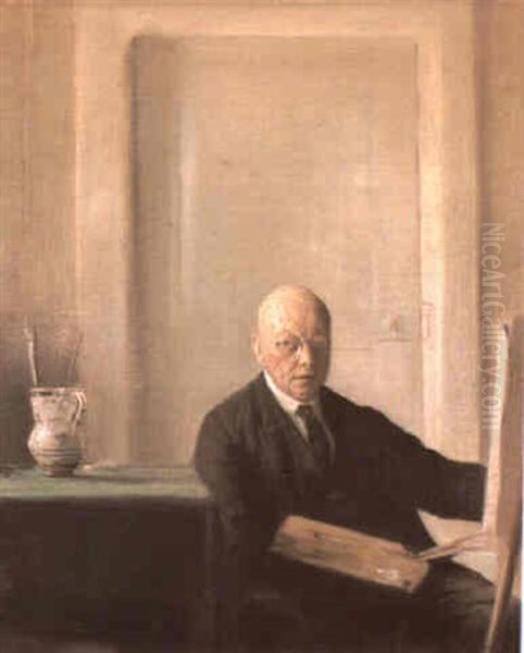 Portrait Of The Artist Seated At An Easel Oil Painting by Carl Vilhelm Holsoe