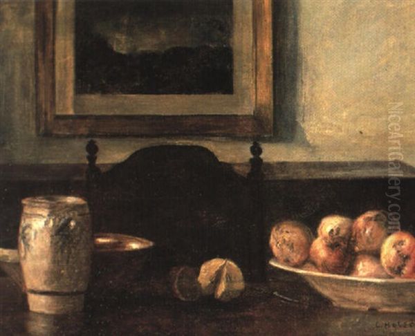 Interior Med Frugt Og Krukke Pa Et Bord Oil Painting by Carl Vilhelm Holsoe