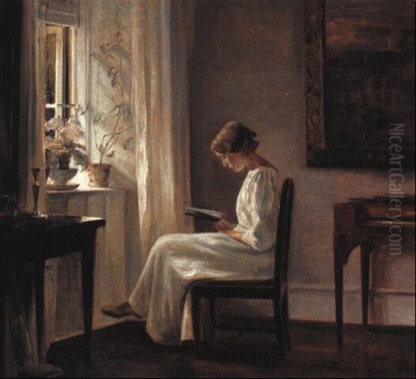 Interior Med Laesende Pige Ved Et Vindue Oil Painting by Carl Vilhelm Holsoe