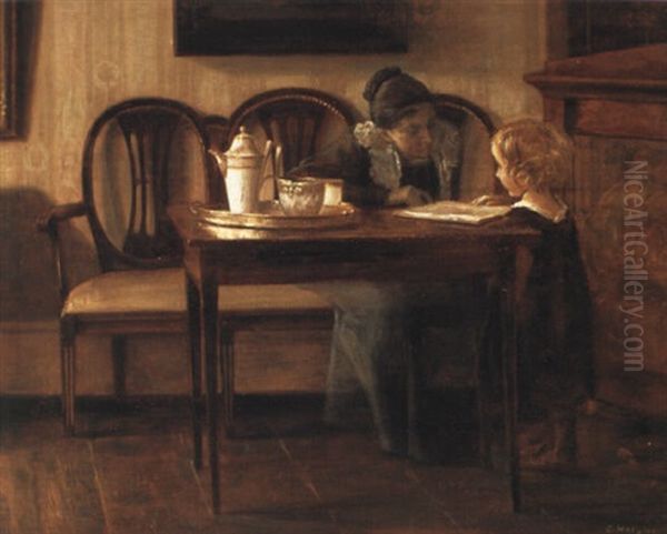 Interior Med Mor Og Barn Oil Painting by Carl Vilhelm Holsoe