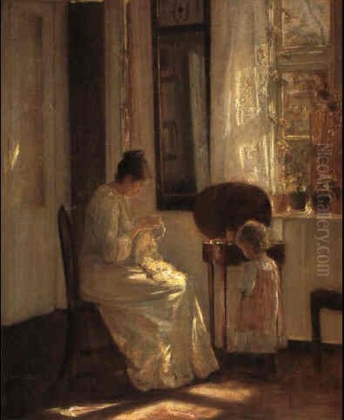 Interior Med Mor Og Barn, Sollys Oil Painting by Carl Vilhelm Holsoe