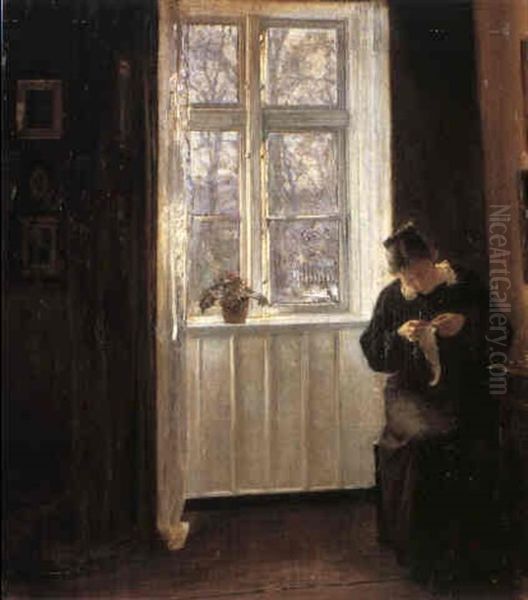 Interior Med Ung Pige Der Syr Ved Vinduet Oil Painting by Carl Vilhelm Holsoe