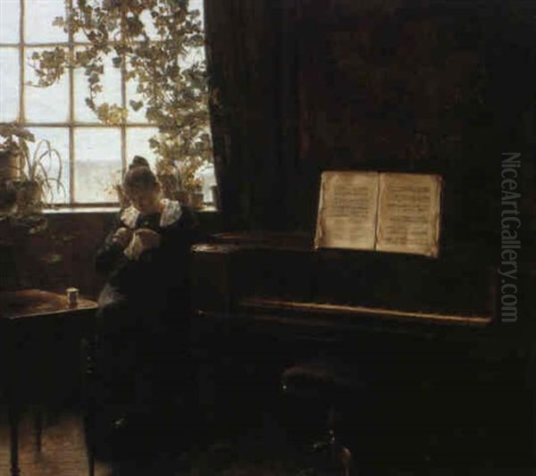 Girl Knitting By The Window Oil Painting by Carl Vilhelm Holsoe