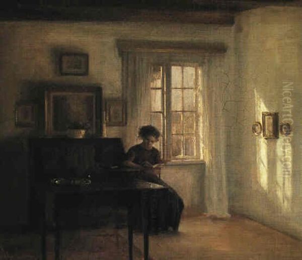 Interiir Med Laesende Pige Oil Painting by Carl Vilhelm Holsoe