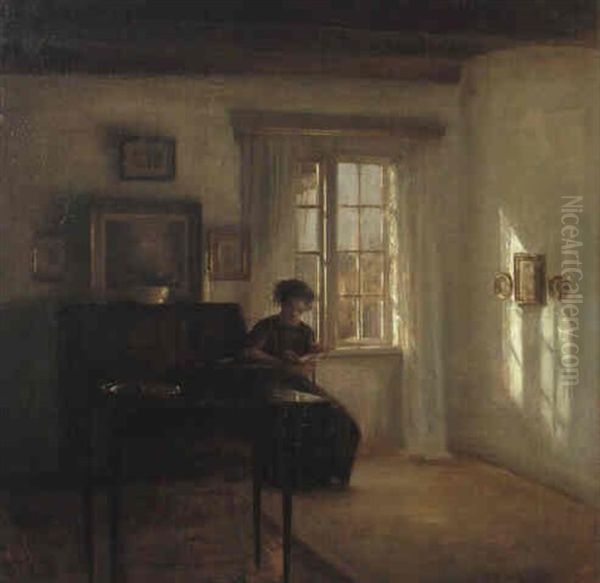 Interior Med Lasande Ung Kvinna Oil Painting by Carl Vilhelm Holsoe