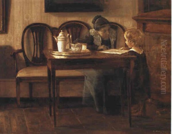 Interior Med Mor Og Barn Oil Painting by Carl Vilhelm Holsoe