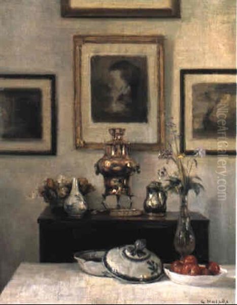 Interior Med Kobberstik, Bord Med Tomater Og Ostindisk Fad Oil Painting by Carl Vilhelm Holsoe