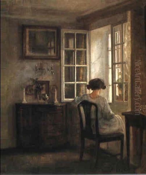 Interior Med Ung Pige Ved Vinduet Oil Painting by Carl Vilhelm Holsoe