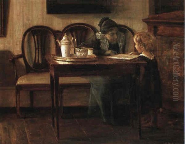 Interior, Moder Siddende I Sofa Laesende For Den Lille Pige by Carl Vilhelm Holsoe