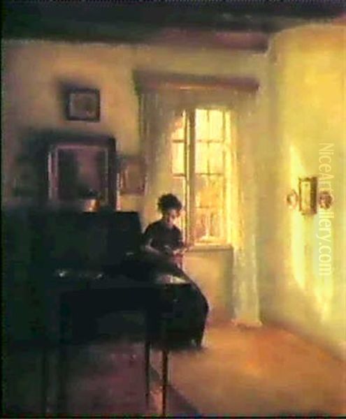 A Woman In An Interior Oil Painting by Carl Vilhelm Holsoe