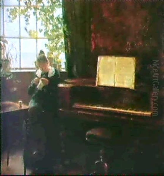 Interior Med Ung Kvinde Med Sytoj, Siddende Rygevendt Mod   Vinduet, Ved Siden Af Taffelklaver Oil Painting by Carl Vilhelm Holsoe