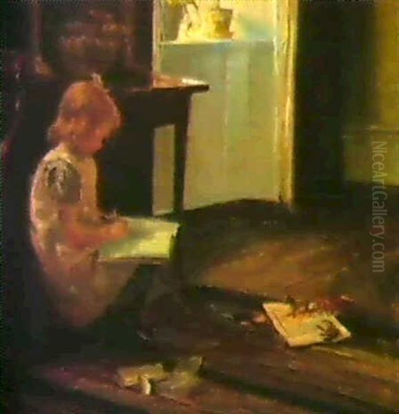 En Lille Pige, Der Laeser Lektier Oil Painting by Carl Vilhelm Holsoe