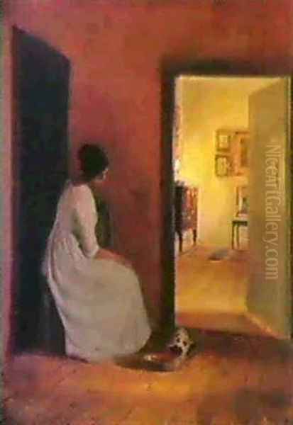 Interior Med Ung Pige Der                                   Giver En Kat Maelk Oil Painting by Carl Vilhelm Holsoe