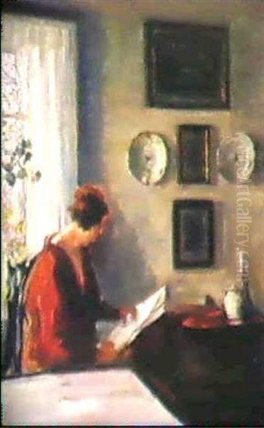 Interior Med Laesende Kvinde Ved Et Vindue Oil Painting by Carl Vilhelm Holsoe