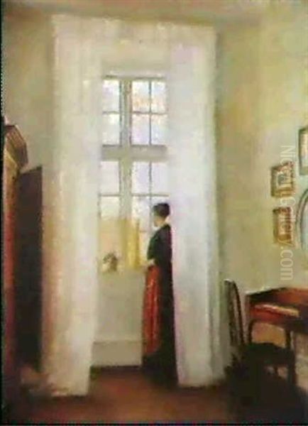 Interior Med Dame Der Star Og Venter Ved Et Vindue Oil Painting by Carl Vilhelm Holsoe