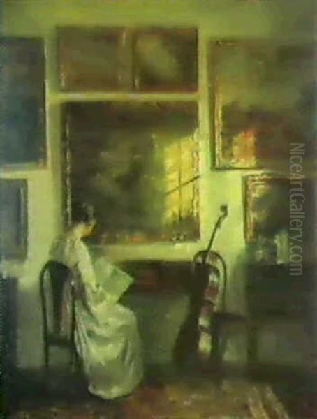 Sollys I Stuen, Interior Med Laesende Kvinde I Hvis Kjole Oil Painting by Carl Vilhelm Holsoe