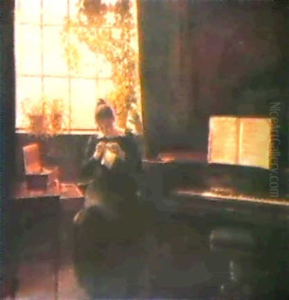 Ung Syende Pige Foran Atelier-vinduet Oil Painting by Carl Vilhelm Holsoe