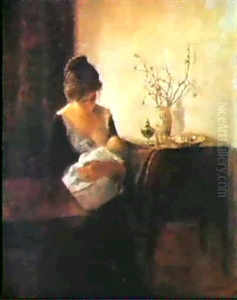 Interior Med Mor, Der Ammer Sit Barn Oil Painting by Carl Vilhelm Holsoe