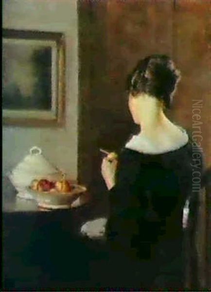 Interior Med Ung Pige, Der Skraeller Aebler Oil Painting by Carl Vilhelm Holsoe