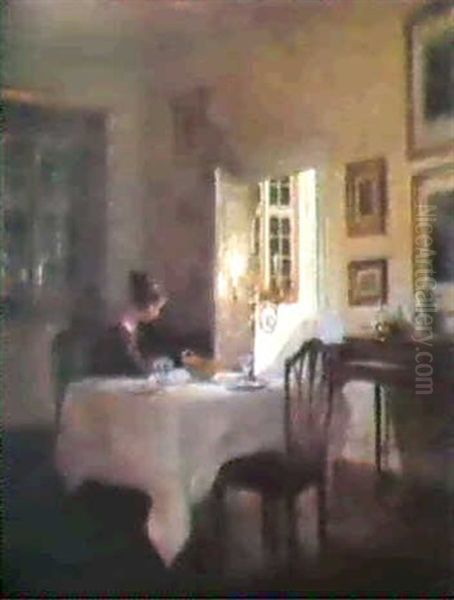 Interior Med En Ung Pige Ved Et Daekket Bord Oil Painting by Carl Vilhelm Holsoe