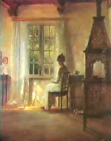 Interior Med Laesende Ung Pige Oil Painting by Carl Vilhelm Holsoe