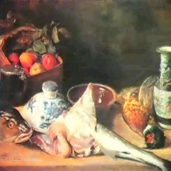 Nature Morte Med Aebler I En Kurv, Krukker, Torsk Og Fasan Oil Painting by Carl Vilhelm Holsoe