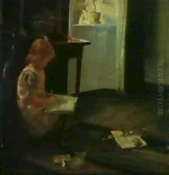 Interior Med Laesede Lille Pige Oil Painting by Carl Vilhelm Holsoe