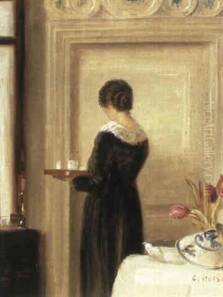 A Lady With A Tray Oil Painting by Carl Vilhelm Holsoe