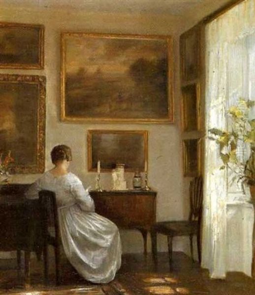 Brevskrivande Kvinna Oil Painting by Carl Vilhelm Holsoe