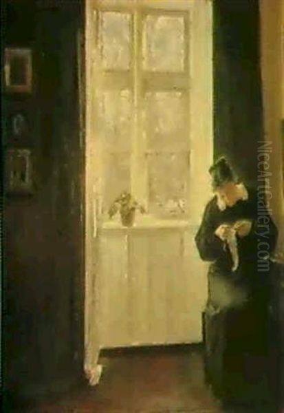 Sewing By The Window Oil Painting by Carl Vilhelm Holsoe