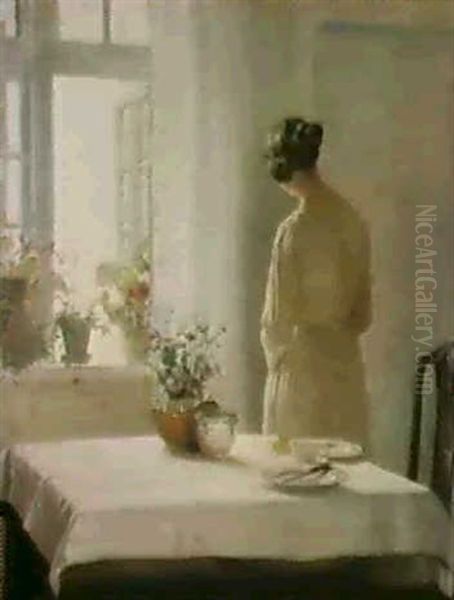 A Sunlit Breakfast Oil Painting by Carl Vilhelm Holsoe