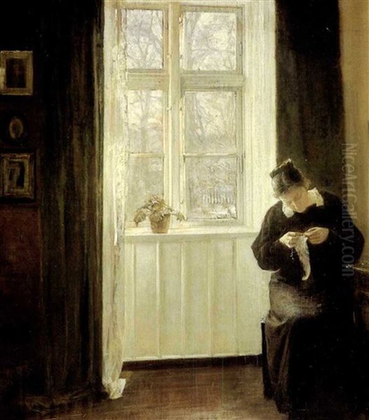 Sewing By The Window Oil Painting by Carl Vilhelm Holsoe