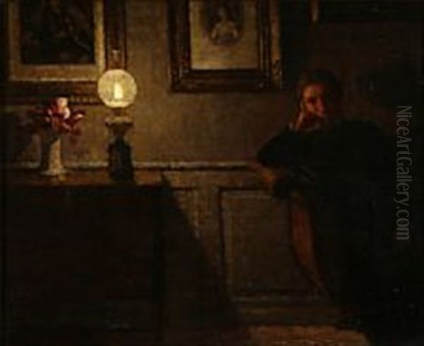 Interior With The Artist's Wife In The Glow Of A Lamp by Niels Holsoe