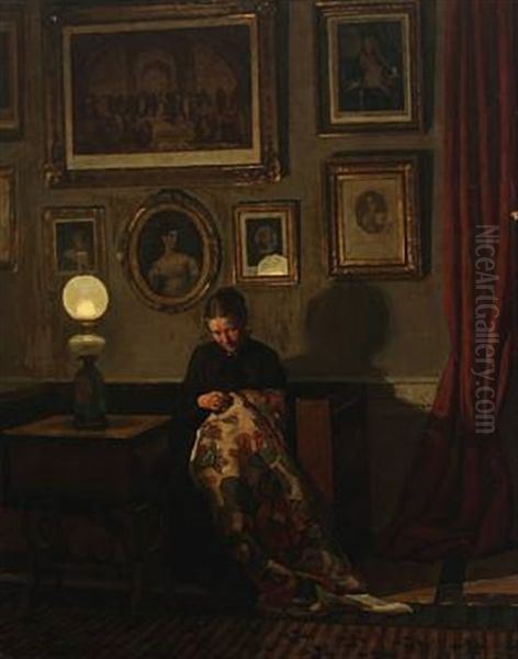 Living Room Interior With Woman Embroidering Oil Painting by Niels Holsoe