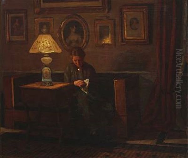 Interior With A Woman Embroidering Oil Painting by Niels Holsoe