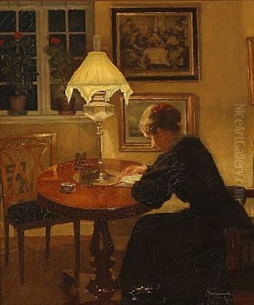 Interior With A Reading Woman Oil Painting by Niels Holsoe