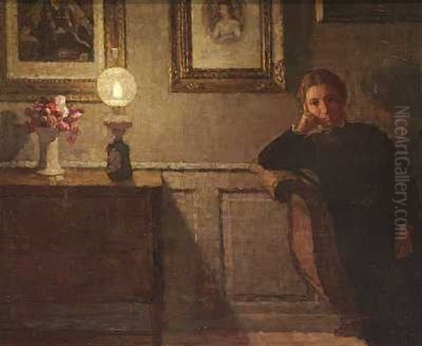 Interior Med Kunstnerens Hustru, Lampelys Oil Painting by Niels Holsoe