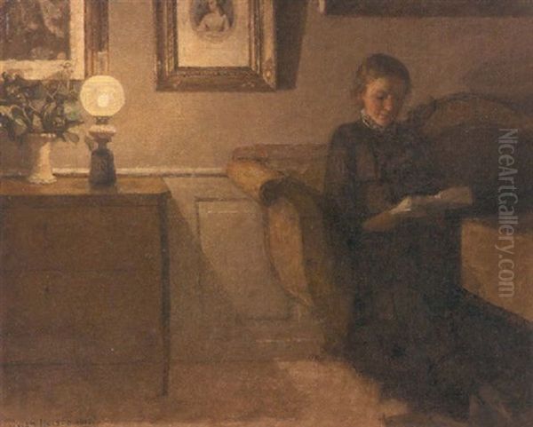 Reading By Lamplight Oil Painting by Niels Holsoe