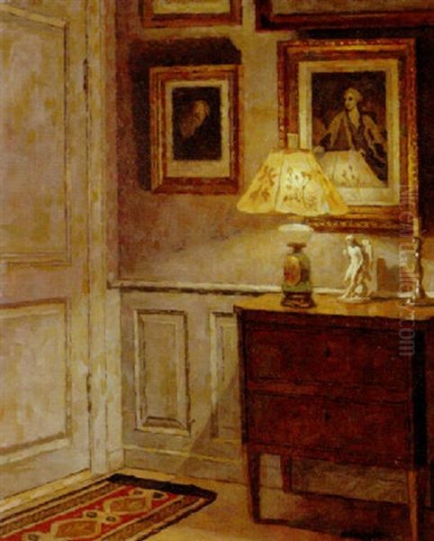 Interior With Kerosene Lamplight Oil Painting by Niels Holsoe