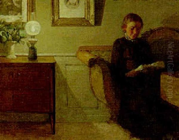 A Lady Reading By Lamplight In An Interior Oil Painting by Niels Holsoe