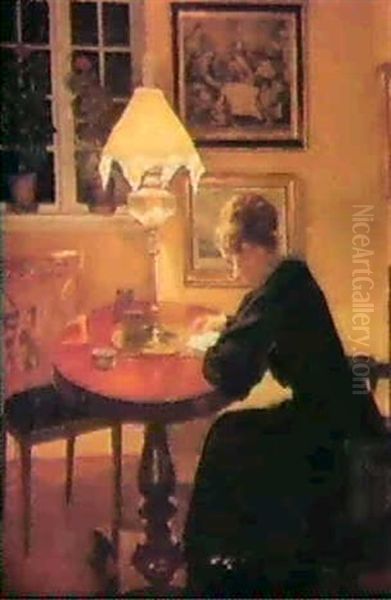 Reading By Lamplight. Oil Painting by Niels Holsoe