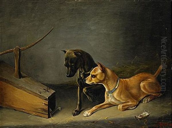 Hundvalpar Vid Rattfalla Oil Painting by Johan-Gustaf von Holst