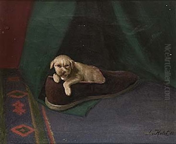 Hundvalp I Toffel Oil Painting by Johan-Gustaf von Holst