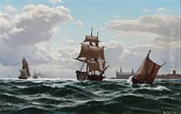 Sailing Ships Off The Coast Of Elsinore Castle Oil Painting by Laurits Bernhard Holst